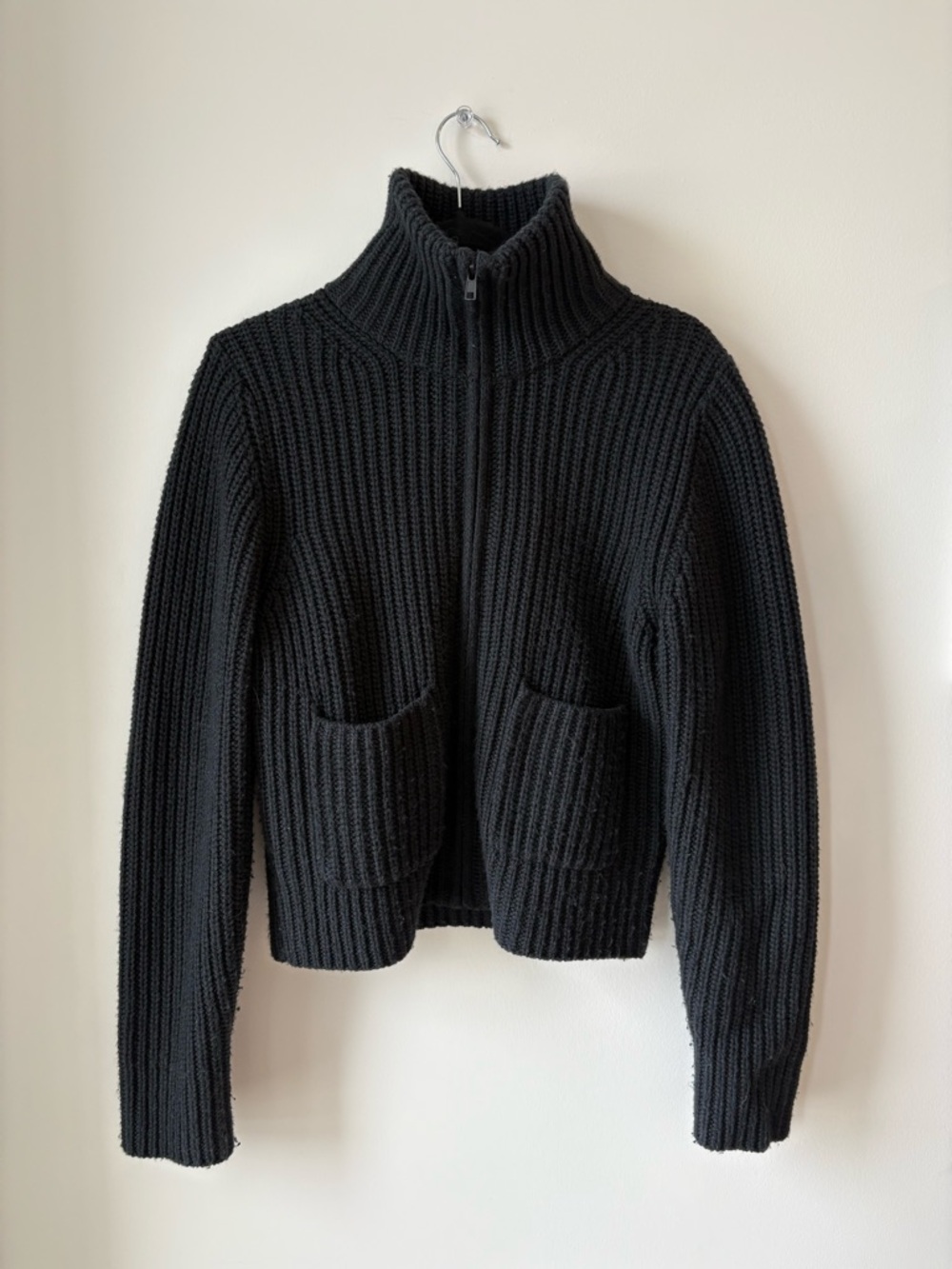 Black Ribbed Zip-Up Women's Sweater